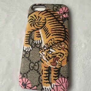 Gucci Beige Monogram iPhone Case with Orange Tiger & Pink Flowers
